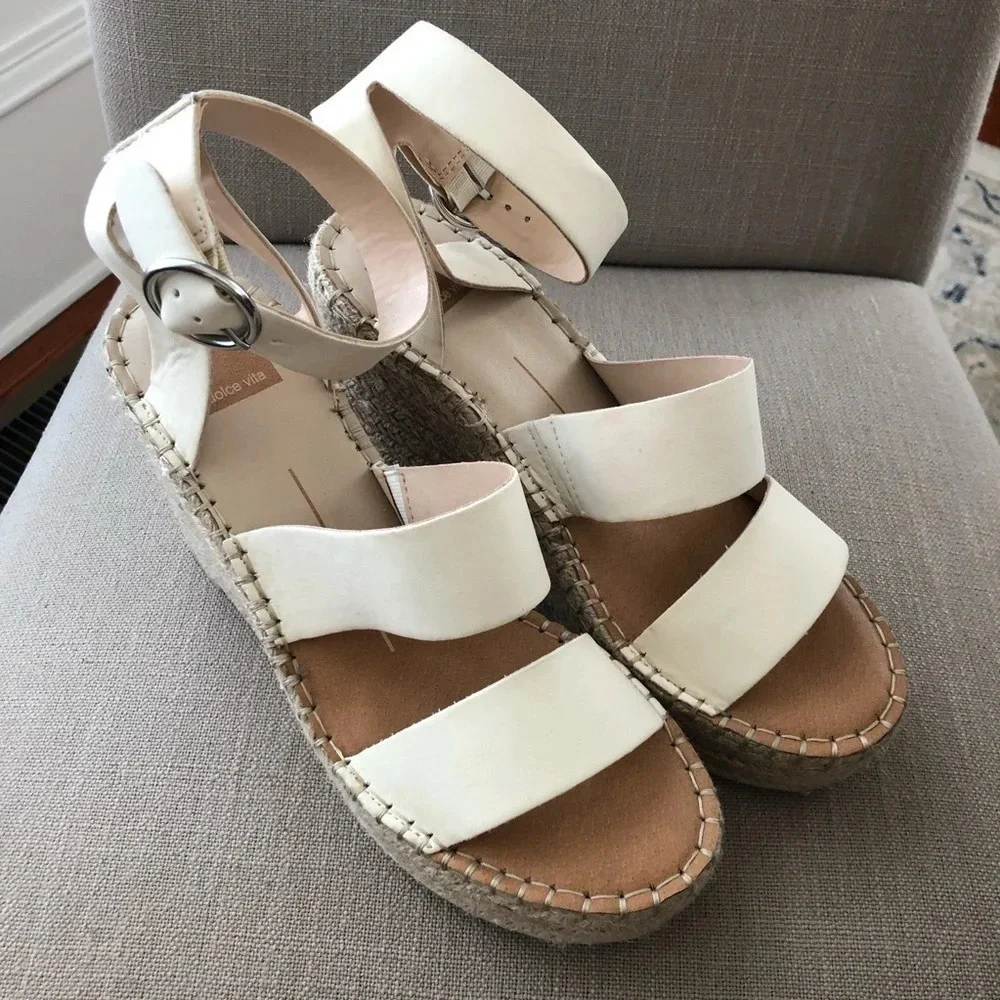 Dolce Vita Womens 10 Cream‎ Leather Espadrille Wedge Sandals Summer 4.5” Heel